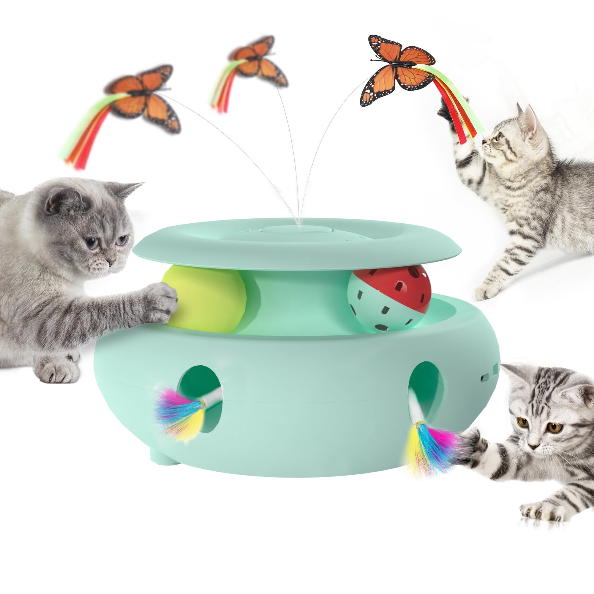 Cat Toys 3-in-1 Interactive For Indoor Cats Rechargeable Automatic With Fluttering Butterfly Smart Sensor 6 Holes Mice Whack-a-mole And Track Balls Blue