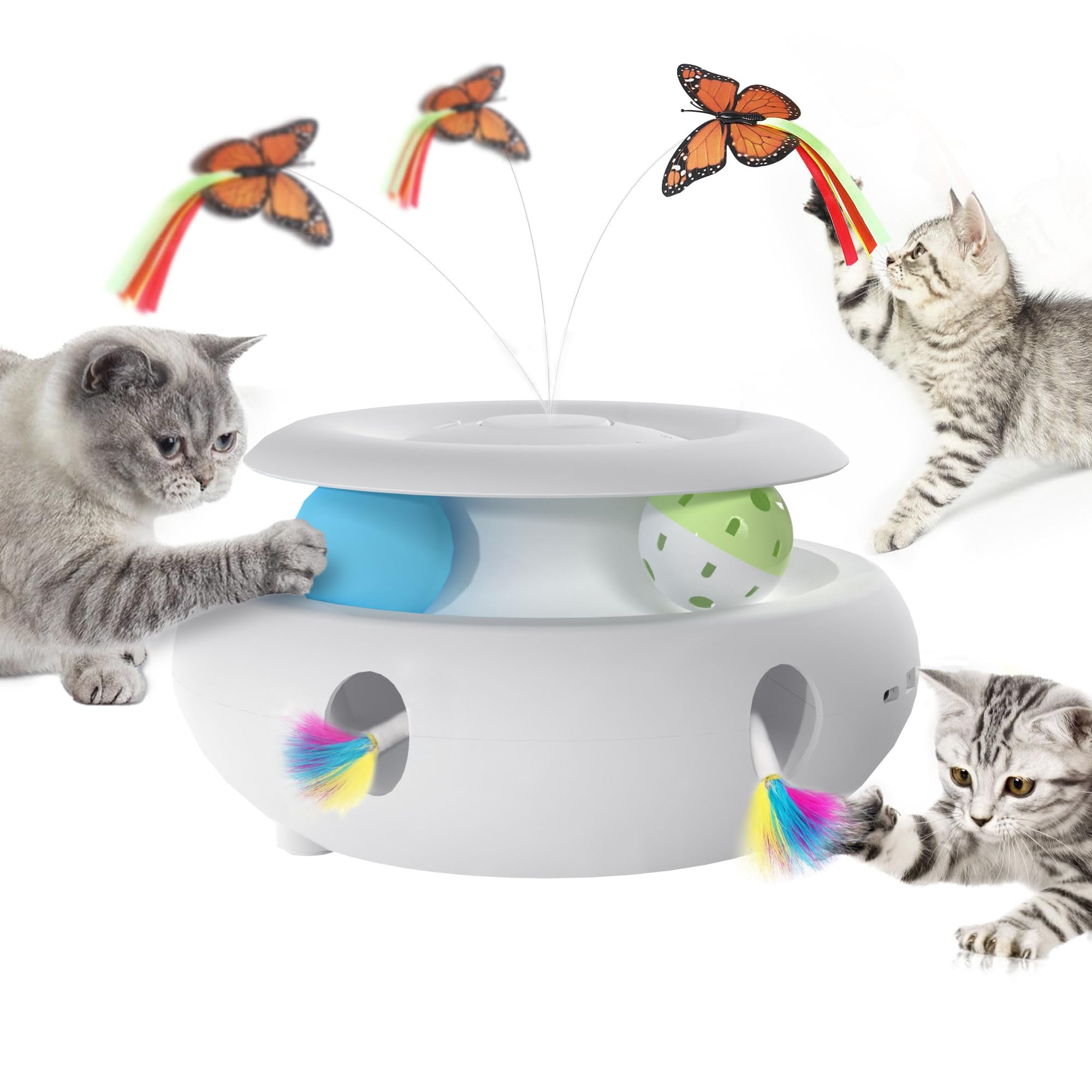 Cat Toys  3-in-1 Interactive For Indoor Cats Rechargeable Automatic Kitten With Fluttering Butterfly Moving Smart Sensor 6 Holes Whack-a-mole & Track Balls (white)