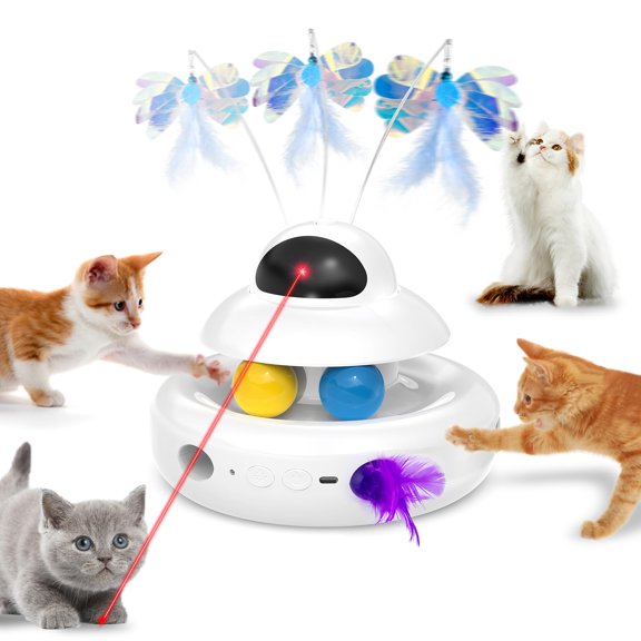 Cat Toys 4-in-1 Interactive For Indoor Cats With Fluttering Butterfly Moving And Track Balls - Usb Rechargeable Self-play Kitten (white)