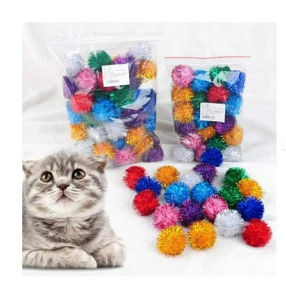 Cat Toys, 50Pcs Tinsel Balls for Cats, 2 inch Cat Pom Pom Balls, Assorted Color Cat Sparkle Balls, Glitter Sparkle Balls for Cats, Cat Balls Kitten Toys, Cat Toy for Indoor Cats