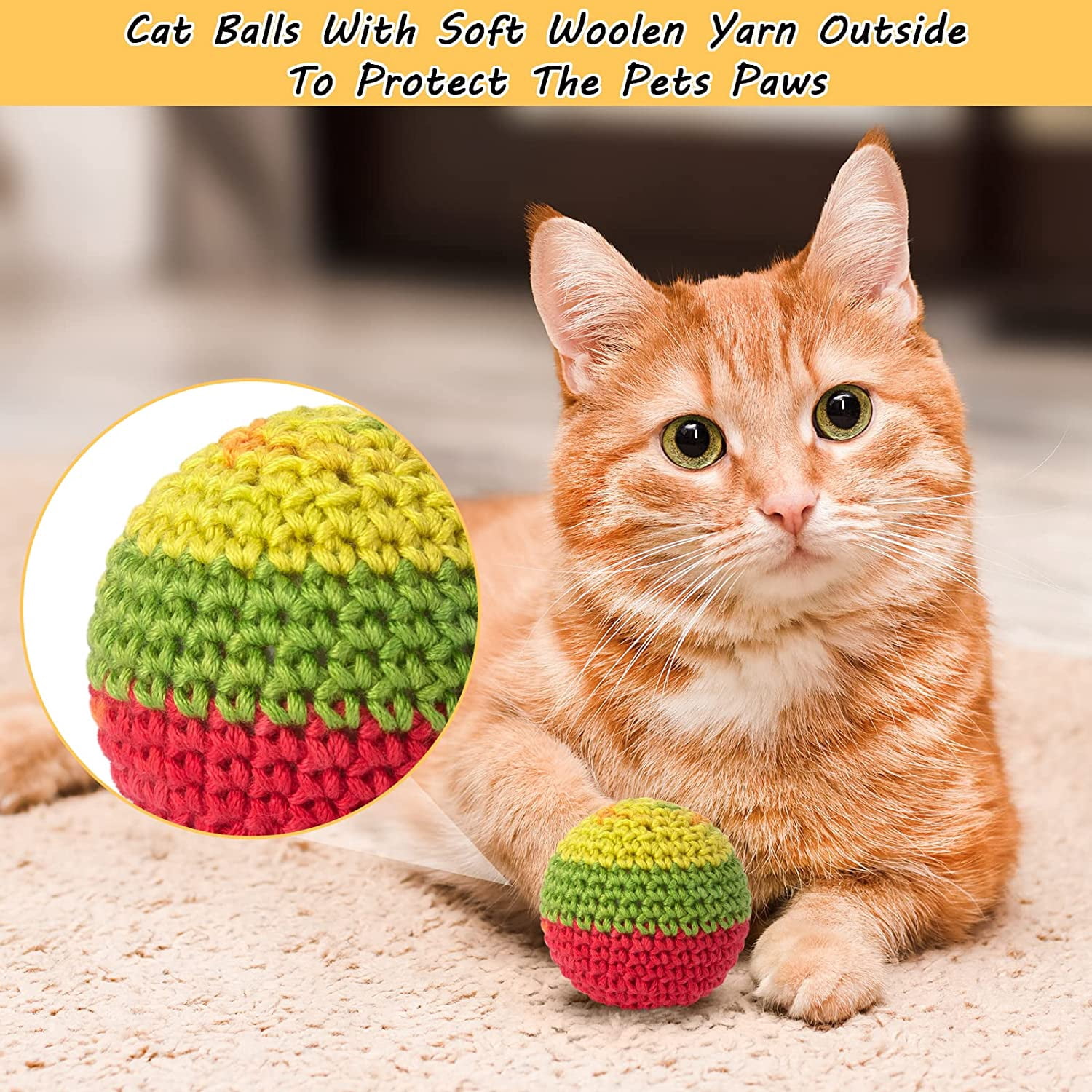 Cat Toys Balls, Yarn Cat Ball with Bell Inside, Kitten Toys for Indoor Cats Kitty, Interactive Cat Nip Chew Toys for All Pet Breed 6 Pack