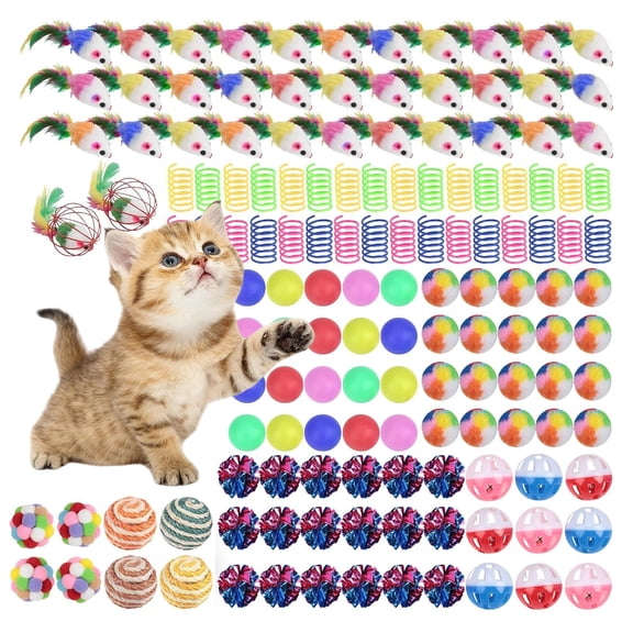 140Pcs Cat Toys Bulk Christmas Kitten Toys Pack Variety Funny Interactive Gift Including Mice Rainbow Balls Spring Crinkle Balls Gift for Christmas Kitty Kitten Cat