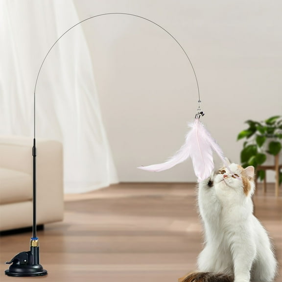 Cat Toys, Cetaka Interactive Feather Wand with Bells, Suction Cup Play Stick for Kittens Teaser Machine Washable Durable, Pink