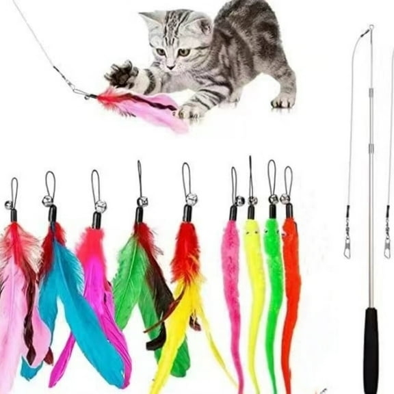 Cat Toys Feather Toy,2PCS Retractable Wand and 9PCS Replacement Teaser with Bell Refills,Interactive Catcher and Funny Exercise for Kitten.