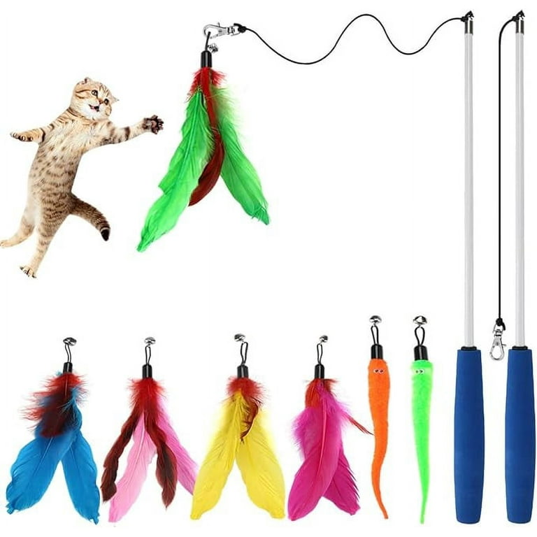 Cat Toys Feathers Wand, Interactive Cat Toy Kitten Toys 2 Retractable Cat  Wand Toy and 7 Feather Teaser Refills with bells, Telescopic Cat Fishing