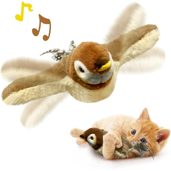 Cat Toys, Flapping Wings Sparrow, No Flying, Chirping Bird Interactive Catnip Toy for Kitten or Small Dogs, Touch Activated, Rechargeable