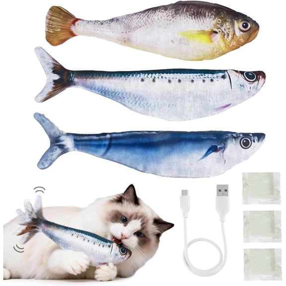 Cat Toys Flopping Fish 3 Pack Rechargeable Cat Toys Interactive for Indoor Exercise with Catnip, Moving Cat Toy 3 Flapping Mode 7.1 Inches Electric Realistic Plush Wiggle Fish