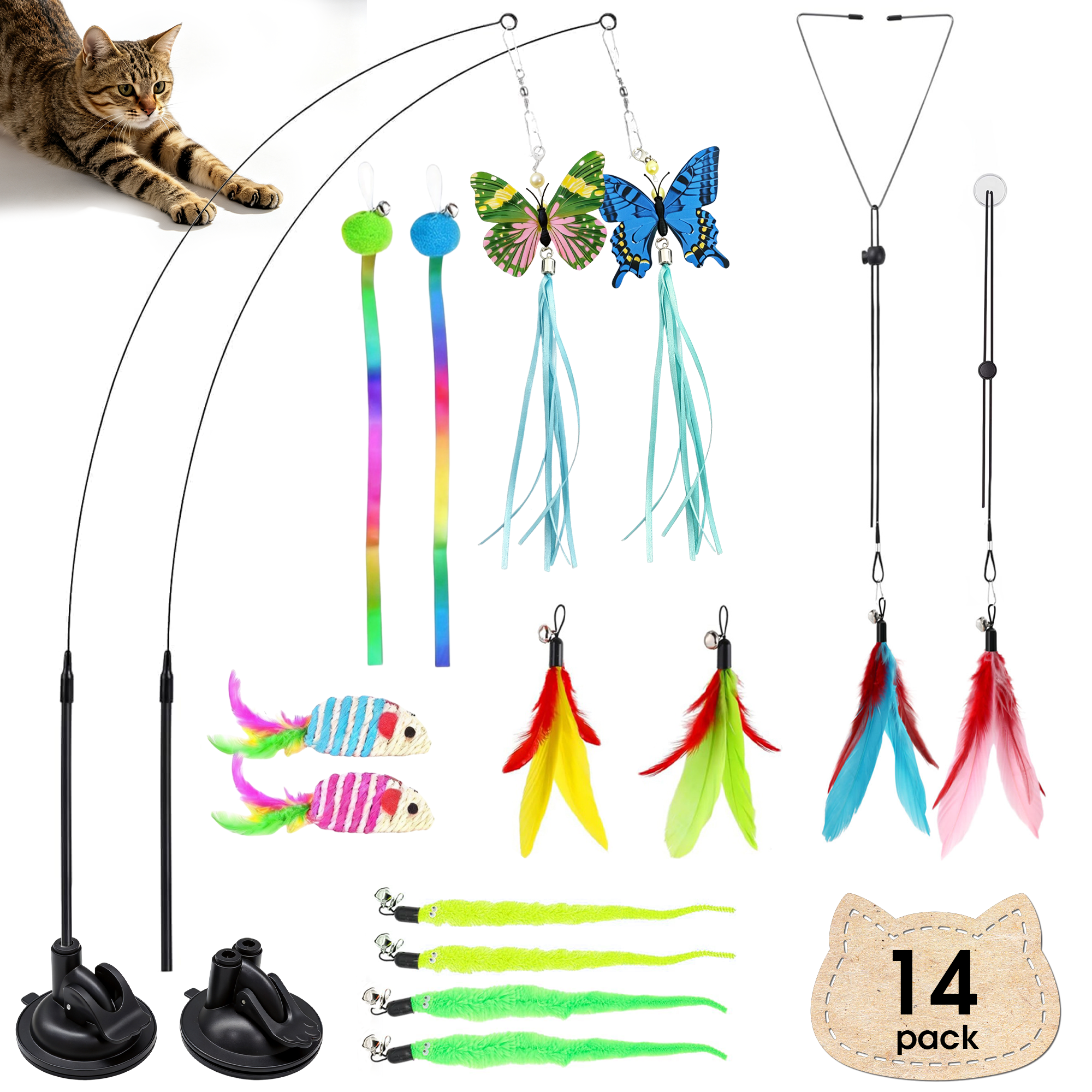 14 Pack Cat Toys for Indoor Cats, 4 in 1 Suction Cup Cat Teaser Wand Toy with Feather Butterfly Mouse Worm Refills, Interactive Hanging Kitten Play Toys