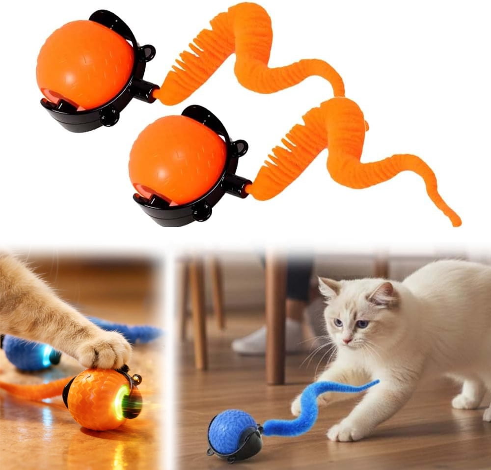 Cat Toys for Indoor Cats, 2026 New Interactive Cat Toy Ball, Automatic Moving Cat Toy for Indoor Use, Rechargeable Feather Tail Cat Toy with Stimulation for Small Medium Large Cats (2 * Orange)