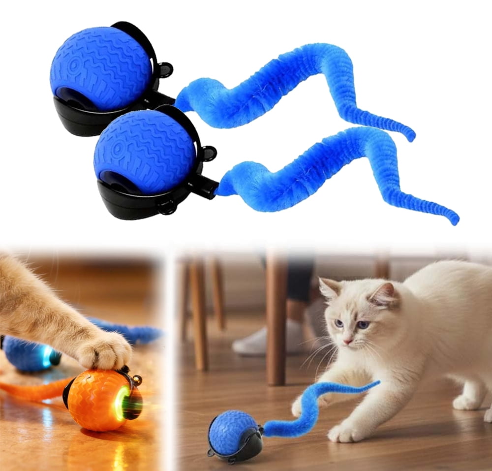 Cat Toys for Indoor Cats, 2026 New Interactive Cat Toy Ball, Automatic Moving Cat Toy for Indoor Use, Rechargeable Feather Tail Cat Toy with Stimulation for Small Medium Large Cats (2 * Blue)