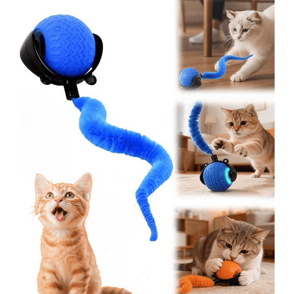 Cat Toys for Indoor Cats, 2026 New Interactive Cat Toy Ball, Automatic Moving Cat Toy for Indoor Use, Rechargeable Feather Tail Cat Toy with Stimulation , The Smart Wave Chase Ball(Blue)