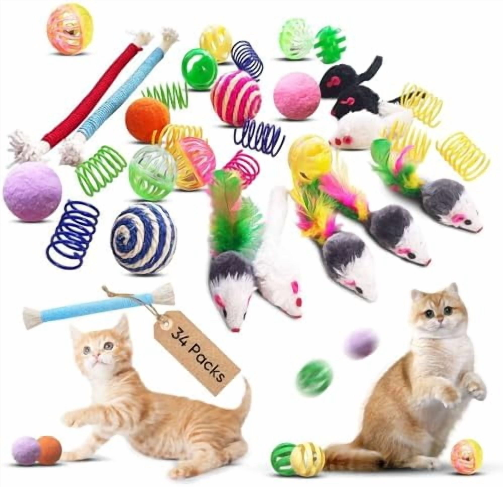 Cat Toys for Indoor Cats, 34 Packs Interactive Cat Toy Set with Colorful Springs Toys, Mouse Toy, Catnip Ropes, Balls, Bells, and Sisal Ball for Kittens