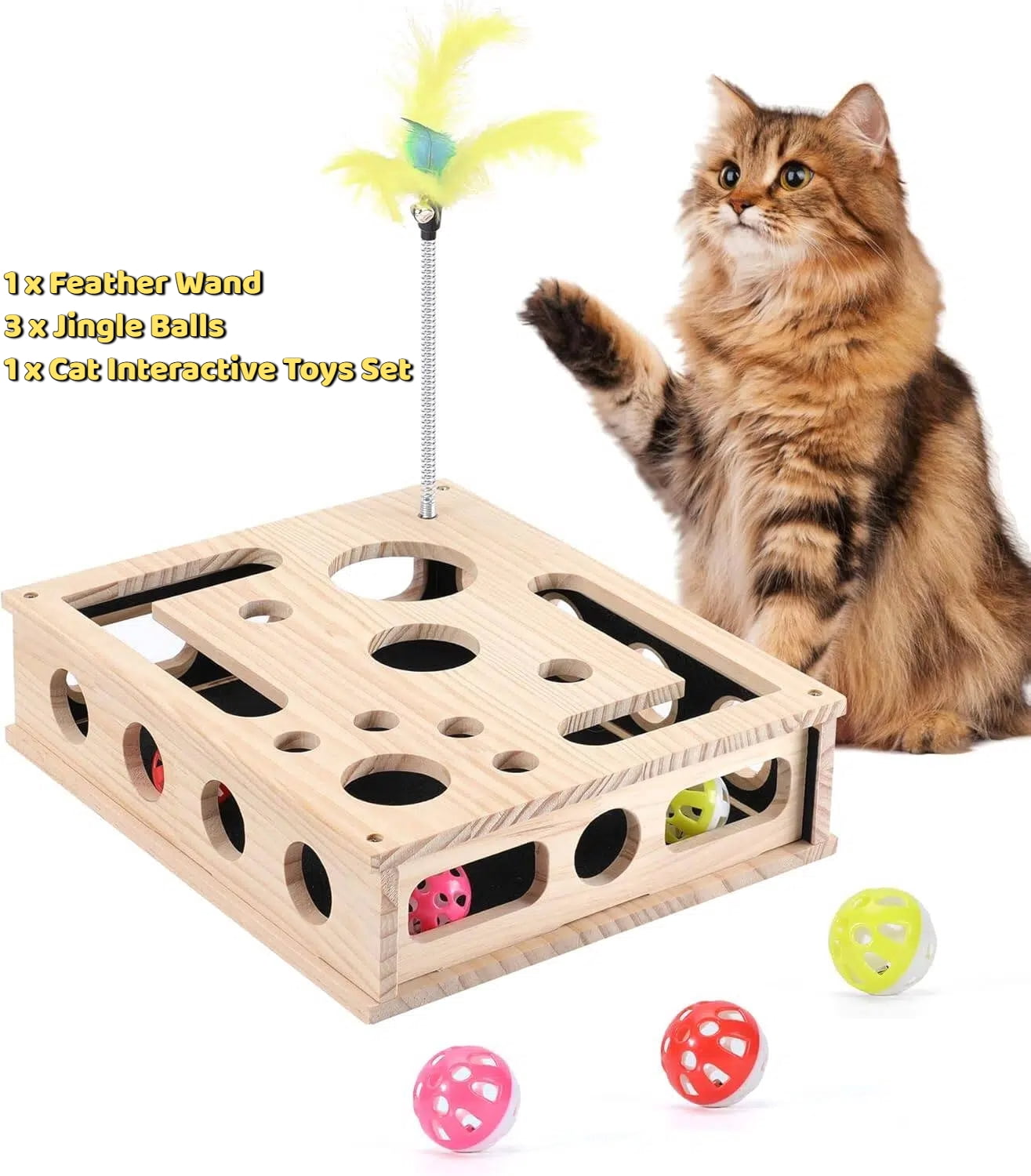 Cat Toys for Indoor Cats - Interactive Box Puzzle Toy Nail File Scratcher Hunting Play Toy with 3 Jingle Balls & 1 Feather Wand, Wooden Puzzle Treat Toy Box Energize Cat Instincts for Bored Cats