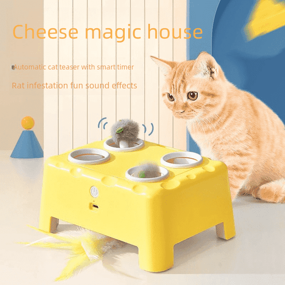 Cat Toys, Interactive Cat Toys, 2-in-1 Automatic Cat Toy, 4 Holes Mice Whack A Mole Cat Mouse Toy with Moving Feather, Portable USB Rechargeable Electronic Kitten Toys (White)