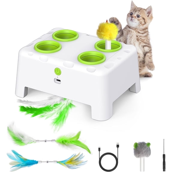 Cat Toys, Interactive Cat Toys, 2-in-1 Automatic Cat Toy, 4 Holes Mice Whack A Mole Cat Mouse Toy with Moving Feather, Portable USB Rechargeable Electronic Kitten Toys (White)