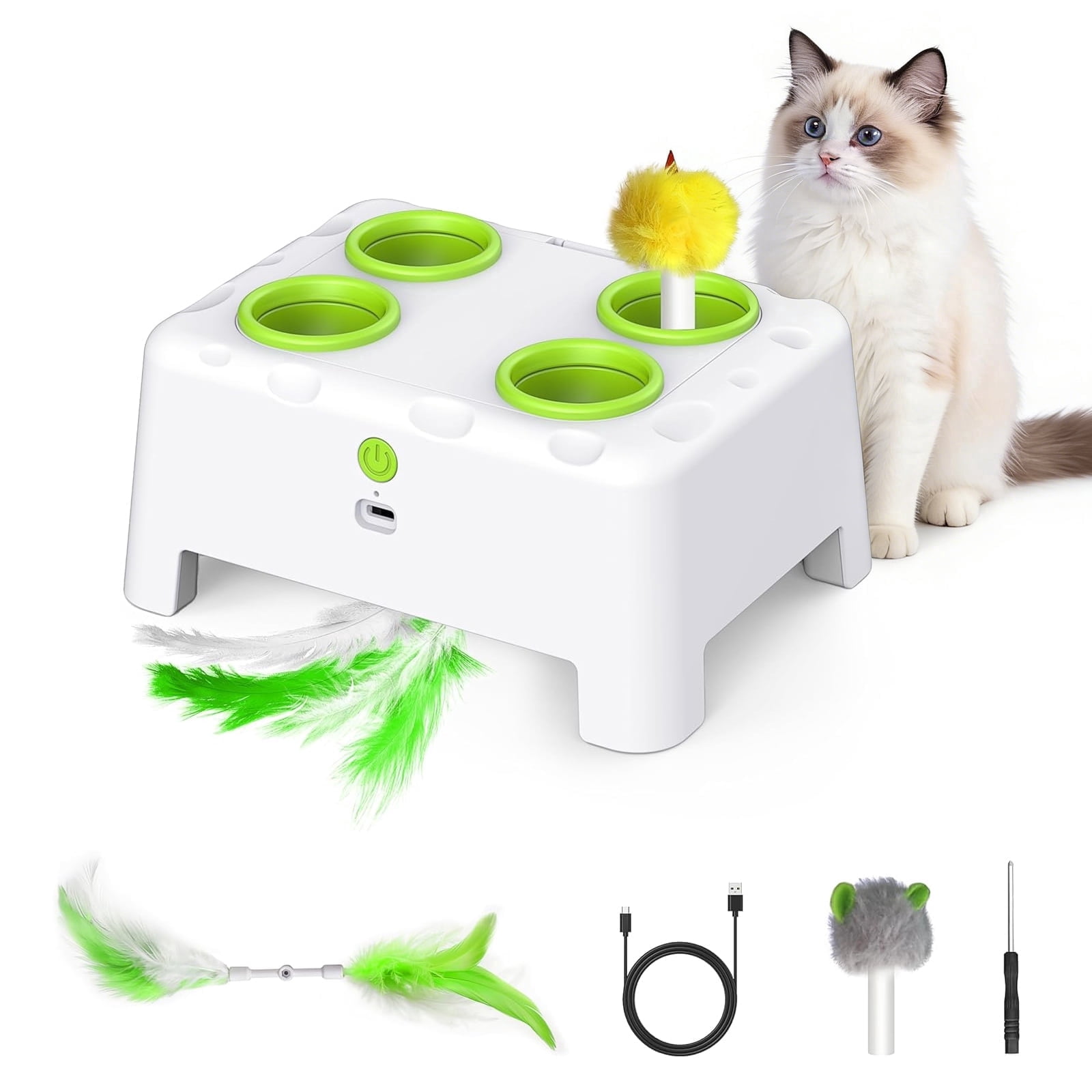 Cat Toys, Interactive Cat Toys, 2-in-1 Automatic Cat Toy, 4 Holes Mice Whack A Mole Cat Mouse Toy with Moving Feather, Portable USB Rechargeable Electronic Kitten Toys，Green