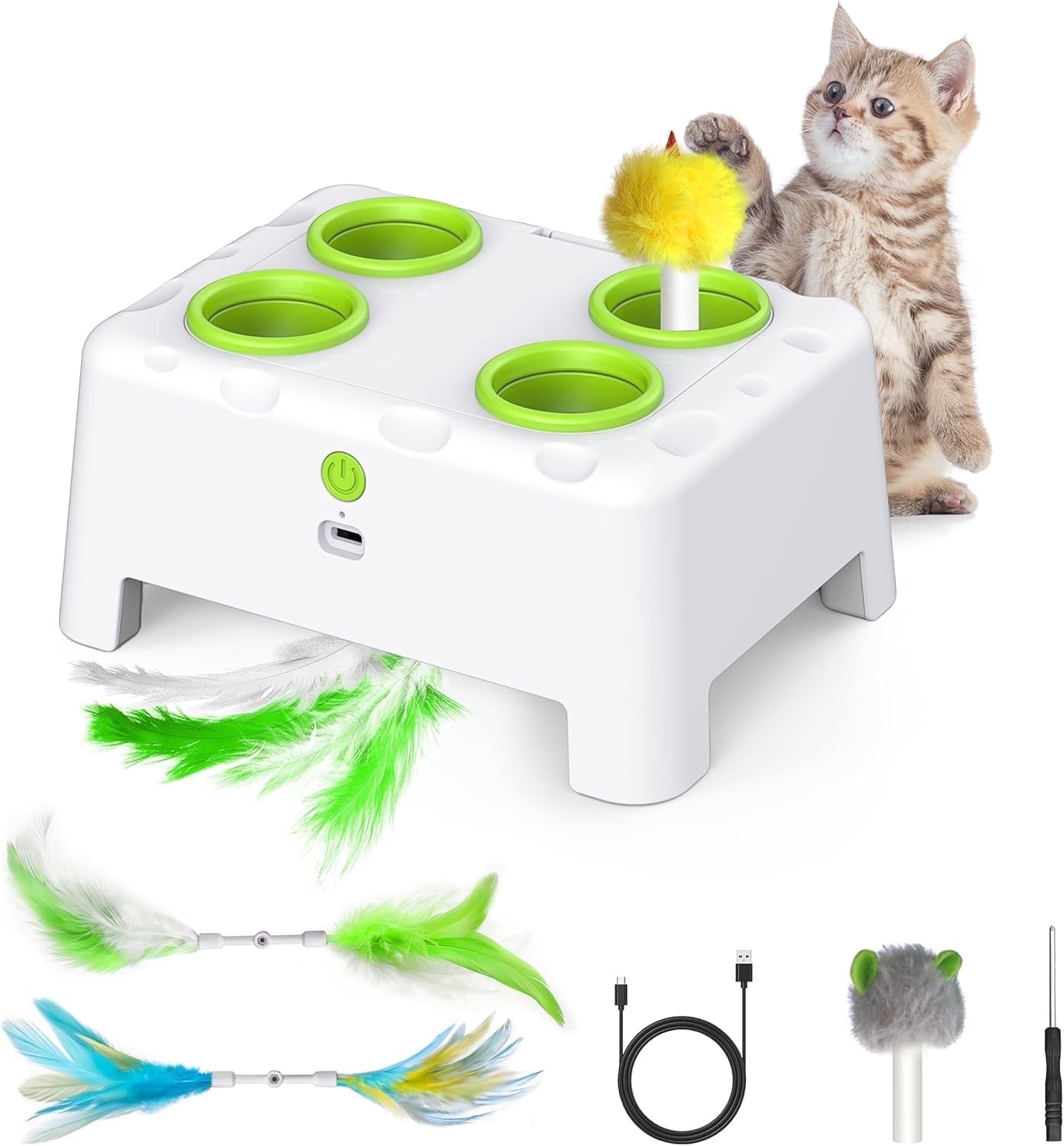 2-in-1 Cheese Box Interactive Cat Toys Automatic Cat Toy, 4 Holes Mice Whack A Mole &  Moving Feather& Squeaky, Portable USB Rechargeable Electronic Kitten Toys (White)