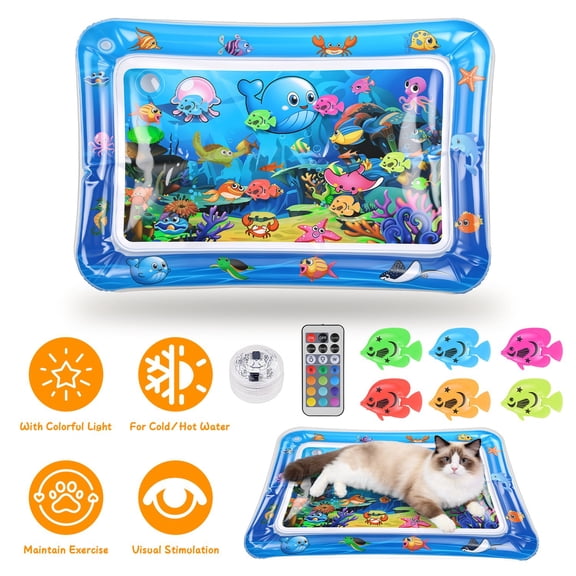 Cat Toys Interactive Cat Water Mat Sensory Play Mat with Floating Fish Toys LED Color Changing Light Thickened PVC for Indoor Cats Kittens (Blue)