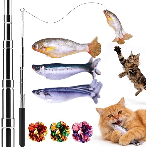 Cat Toys Interactive, Mini Realistic Electric Floppy Fish Cat Toy, Cats Fishing Pole Toy with Elastic String for Bored Indoor Adult Cats