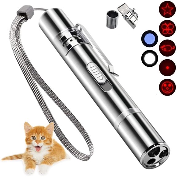 Cat Toys Laser Pointer for Indoor Mouse Pet Interactive Toy Kitten Dog Chase Play LED Flashlight 7 Adjustable Patterns Red Light Remotes Teaching Tool Rechargeable