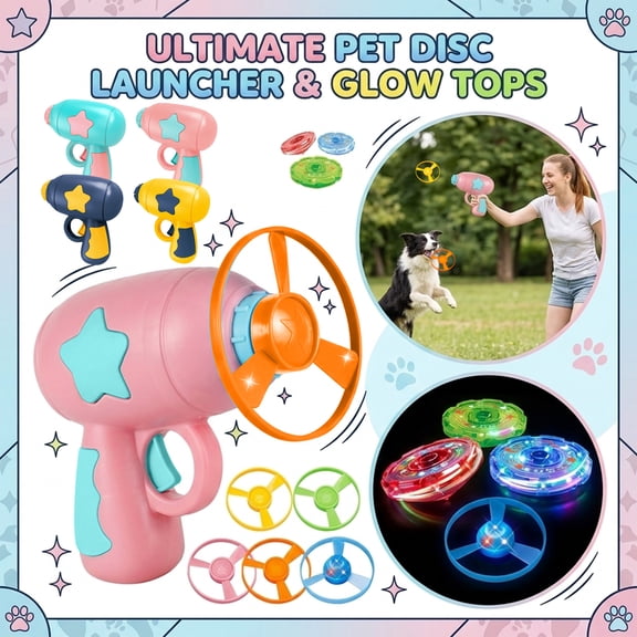 Cat Toys Launcher with Light Up Frisbee, Interactive Dog Toys Flying Disc Launcher for Outdoor Fun & Indoor Play, Christmas Gift Puppy Plaything with 7 Accessories