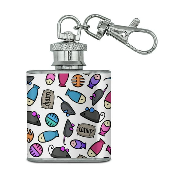 Cat Toys Mouse Fish Catnip Pattern Stainless Steel 1oz Mini Flask Key Chain