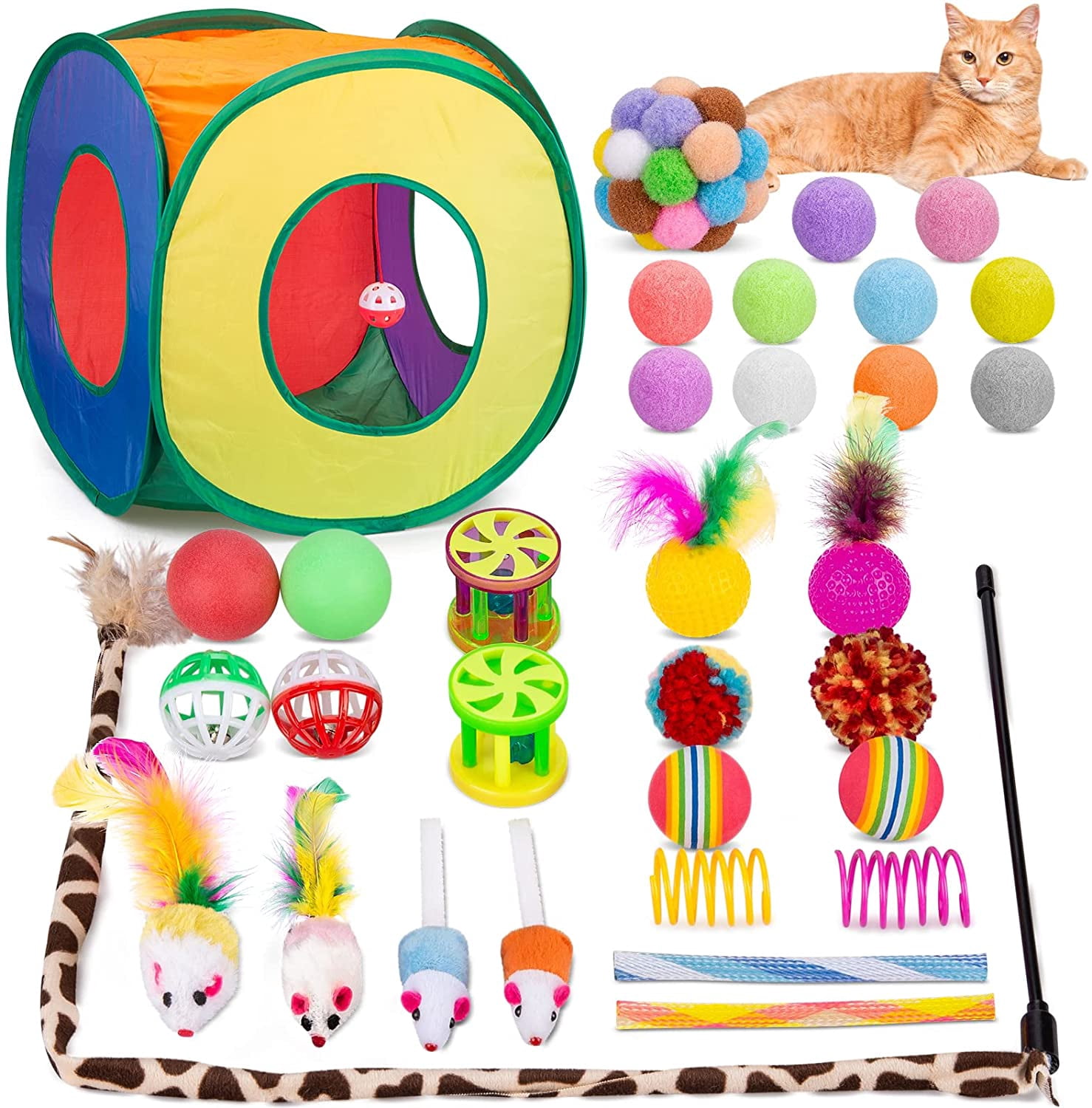 Cat Toys Pack 33Pcs, Interactive Kitten Toys for Indoor Kittens Cats, Collapsible Kitty Play Tunnel Tent Feather Wand Balls Bell Springs Mouse Kitty Toys for All Breeds 15.7 Inches