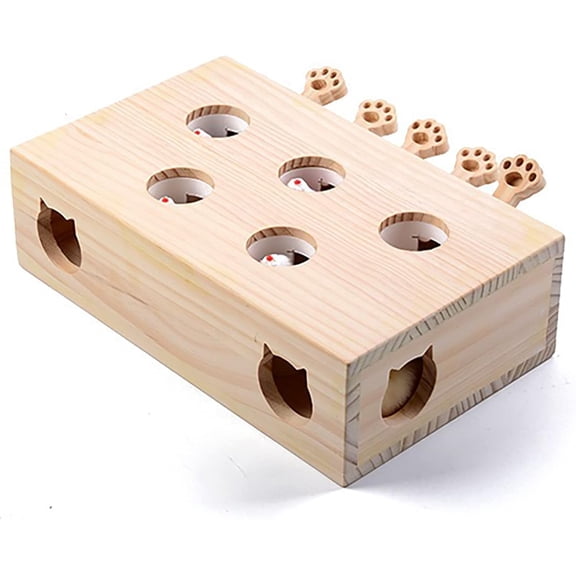 Cat Toys, Whack A Mole Solid Wood Box Interactive Cat Toys for Indoor Cats Kitten Dog Puppy Pet Puzzle Play Fun Catch Mice Game, 5 Hole/Wooden