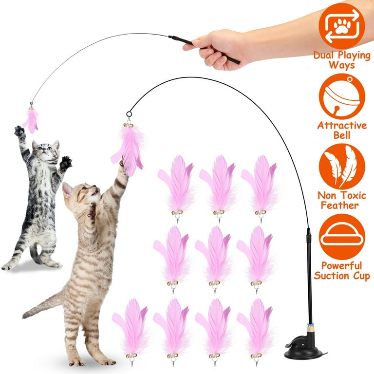 Cat Feather Toys, Interactive Cat Toy with Super Suction Cup, 1Pcs Springy Cat Wand & 6pcs Teaser Refills Replacement with Bells, Kitty Kitten Toys