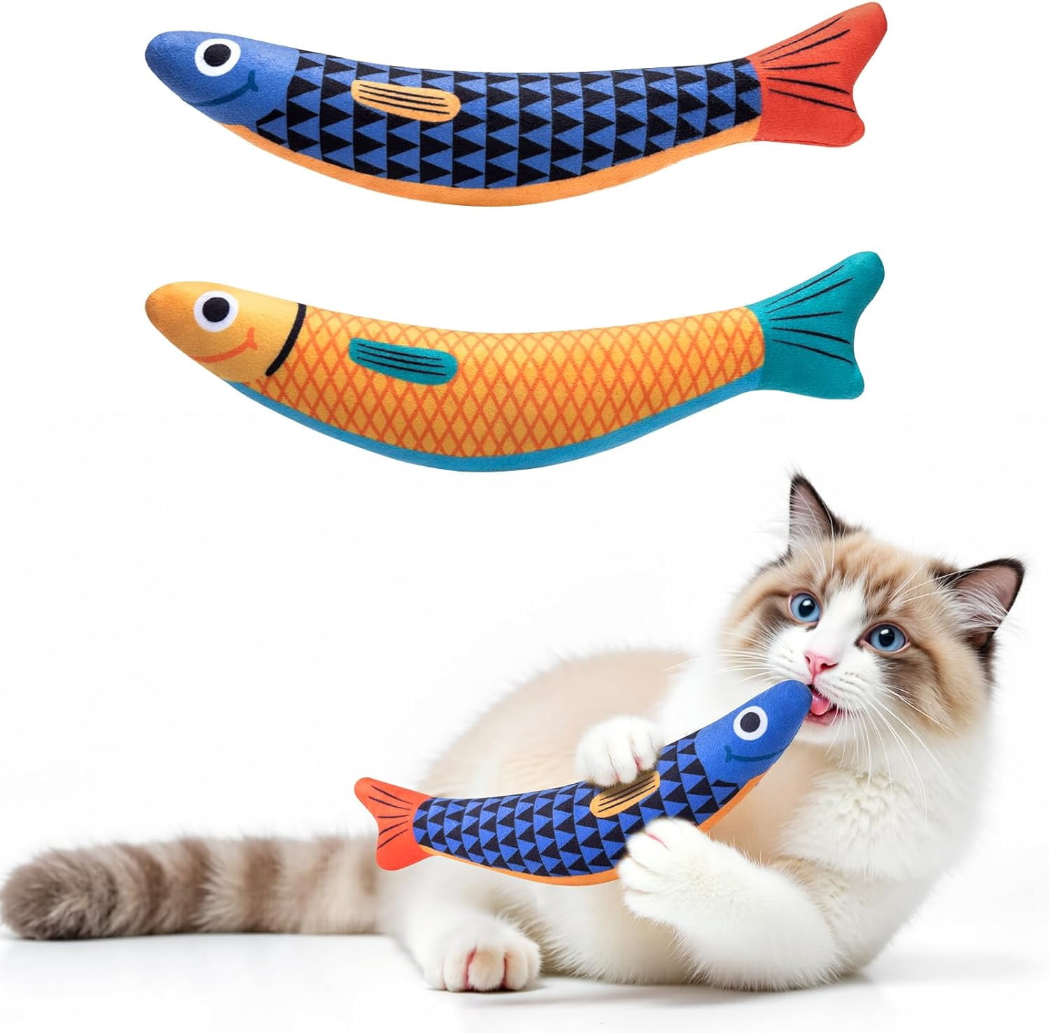 Cat Toys with[5000mg A+Natural Catnip &Silvervine] [Baby Grade] Interactive Soft Chew Kicker Cat Toys for Indoor Cats & Kittens, [Crinkle &Bell] Fish Sound Toy, Drives Bored Cat Crazy with Fun