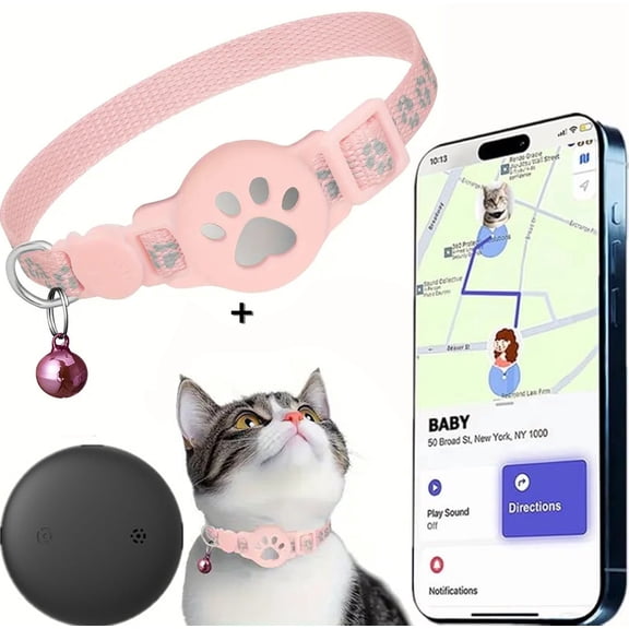 Cat Tracker Collar for Small Cats - Real Time Cat GPS Tracker No Monthly Fee, Pet Tracker for Cats Works with Apple Find My (Only iOS), No SIM Required (Collar + black tracker)