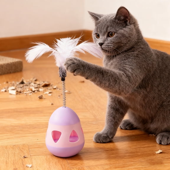 Cat Treat Dispenser Toy with Feather Interactive Prevent Tipping Cat Slow Feeder Puzzle Ball (Pink)