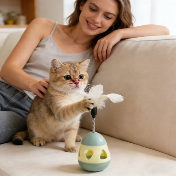 Cat Treat Dispenser Toy with Feather Interactive Prevent Tipping Cat Slow Feeder Puzzle Ball (Yellow)