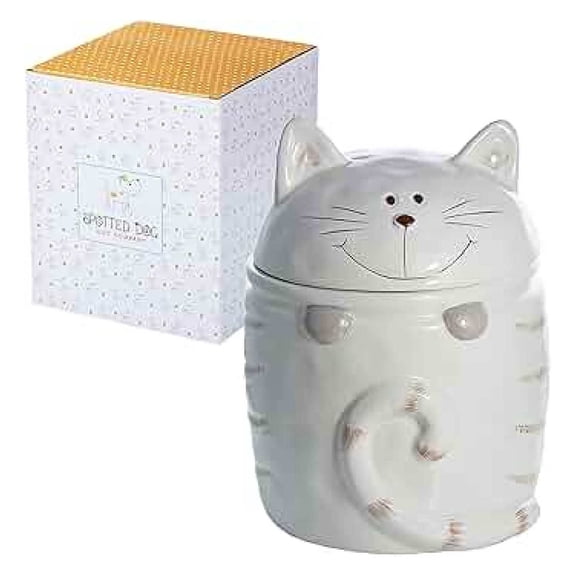 Cat Treat Jar Ceramic, 16oz Kitchen Storage Container, Cute Cat Decor for Countertop, Coffee Tea Sugar Canister, Gifts for Cat Lovers, White