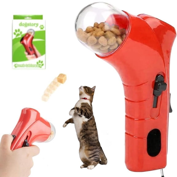 Cat Treat Launcher Gun, Cat and Dog Food Shooter Gun, Handheld Interactive Pet Snack Catapult, Fun Cat Ball Dispenser Gun Toy, Kitten Puppy Exercise Training Feeder for Park Walk Home(Red)
