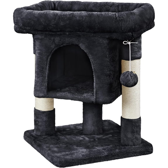Cat Tree (16"L x 16"W x 23.5"H) with Extra-Large Perch, Sisal Scratching Posts & Dangling Ball (Multi-Color, Suitable for All Cat Sizes),Black