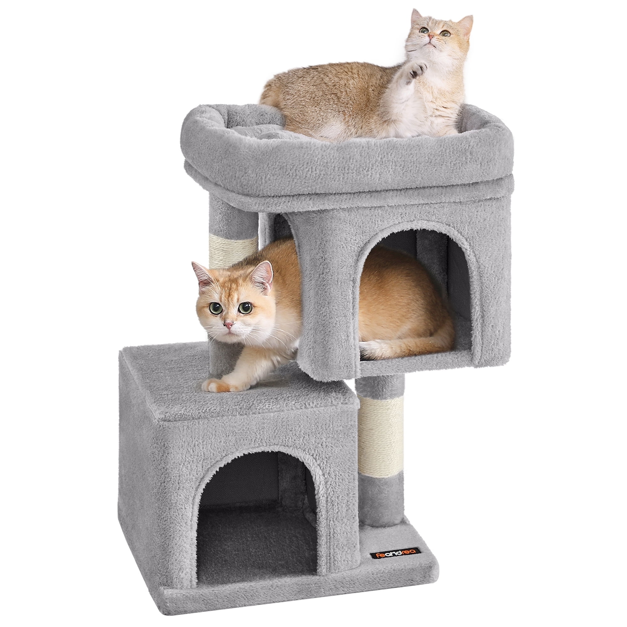 Light Gray Sisal and Plush Cat Tree with Perch and Caves