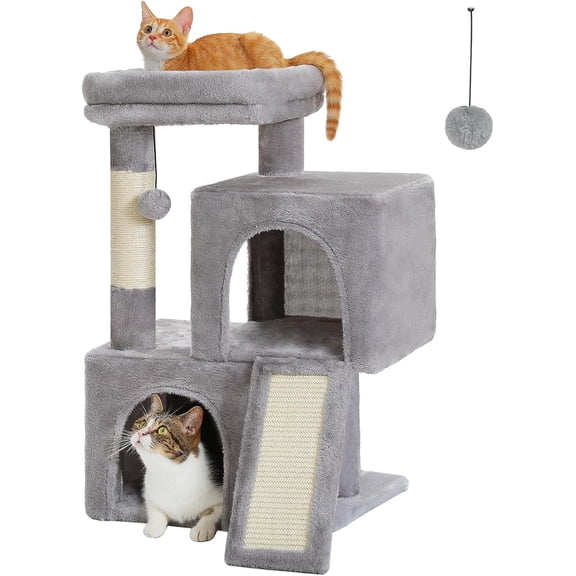 Cat Tree, 30 Inches Cat Tower with Dual Condos for Indoor Cats, Plush Cat House with Padded Perch, Scratching Ramp and Posts and Replaceable Balls-Gray