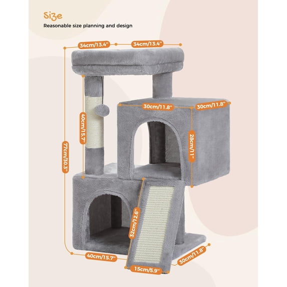 Cat Tree 30 Inches Tower With Dual Condos For Indoor Cats Plush House Padded Perch Ramp And Posts Replaceable Balls-gray