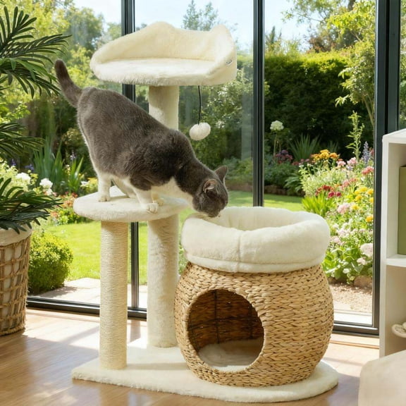 Cat Tree, 31" Cat Tree Tower with Scratching Posts, Cream White Cat Tree For Large Cats,Cotton,Particle Board,Velvet Cat Condo, Pet Supplies Trees & Condos 31" Cat Tree Tower with Scratching Posts