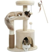 Cat Tree 32 Inches Cat Tower with Sisal Covered Scratching Post, Cozy Condo, Plush Perches and Fluffy Balls for Indoor Cats-Beige