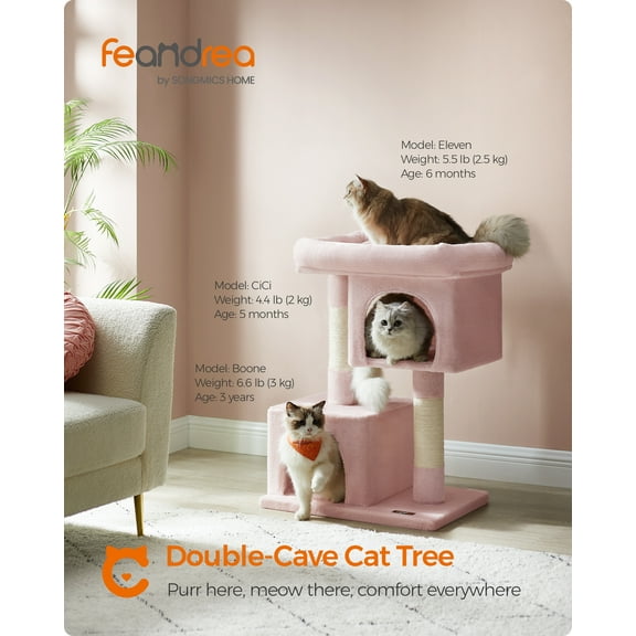 Cat Tree, 33.1-Inch Cat Tower, Cat Condo for Large Cats up to 16 lb, Large Cat Perch, 2 Cat Caves, Scratching Post, Cat Houses for Indoor Jelly Pink