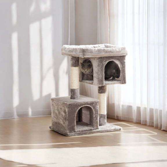 Feandrea Cat Tree, 33.1-Inch Cat Tower, Cat Condo for Large Cats up to 16 lb, Large Cat Perch, 2 Cat Caves, Scratching Post, Cat Houses for Indoor Light Gray