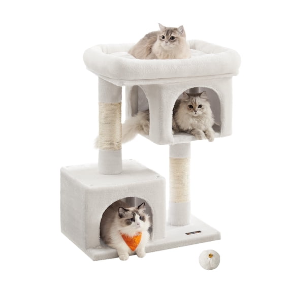 Cat Tree 33.1-Inch Cat Tower for Large Cats up to 16 lb, Large Perch, 2 Cat Caves, Scratching Post, Cream White