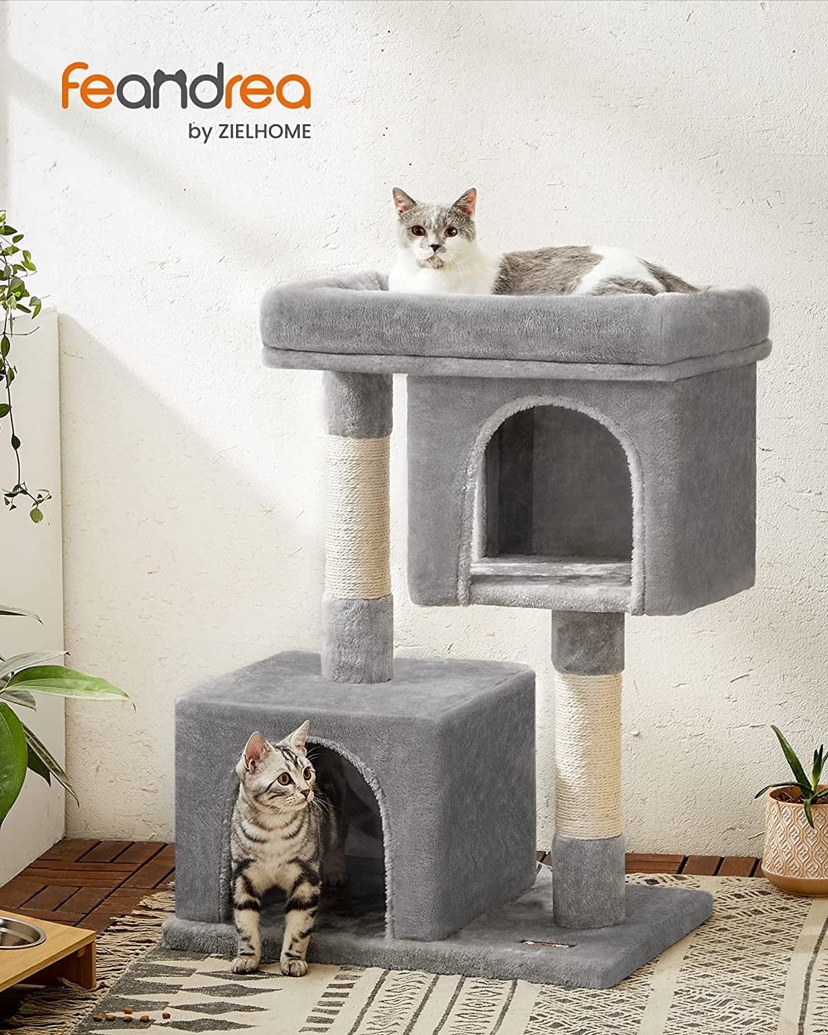 Cat Tree 33.1-Inch Cat Tower for Large Cats up to 16 lb, Large Perch, 2 Cat Caves, Scratching Post, Light Gray