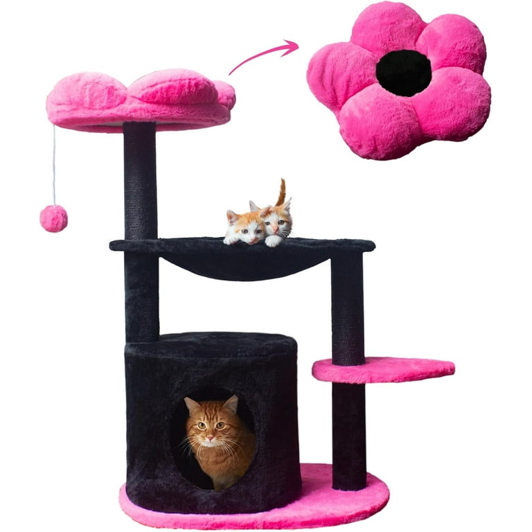 Cat Tree Black Pink Flower Cat Tower for Indoor Cats Cat