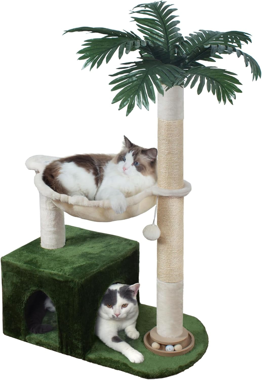 38-Inch Cat Tree Tower With Hammock & Condo - Sisal Scratching Posts, Play Track Balls, Green & White