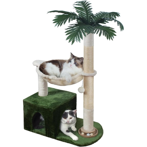 Cat Tree 38" Cat Tower with Large Hammock Metal, Cat Scratching Post for Indoor Cats with Condo, Cat Playground Track Balls and Bouncy Ball, Green and White