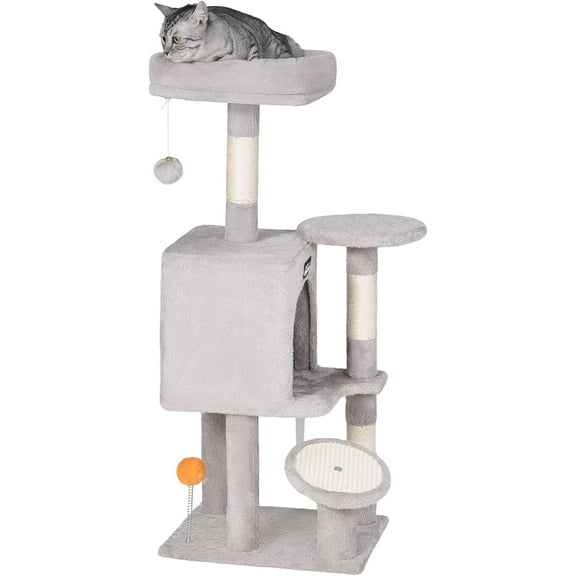 Cat Tree, 39.4-Inch Cat Tower for Indoor Cats, Small Cat Tower with Scratching Post, Multi-Level Cat Condo with Widened Perch for Kittens, Spacious Cave, Light Gray