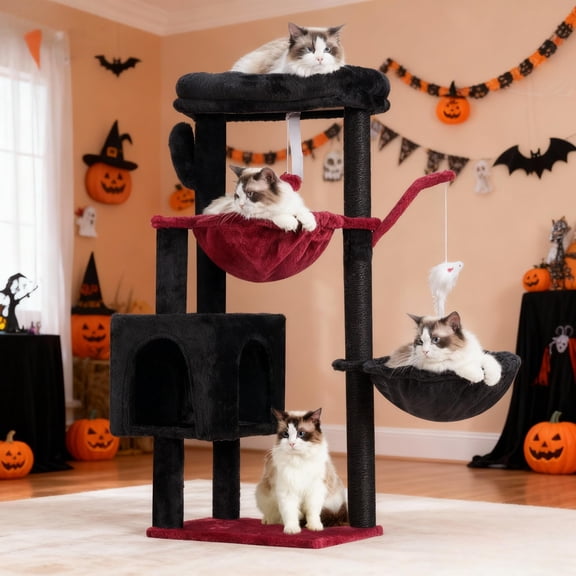 Cat Tree 39.4 Inches Gothic Tower Condo With For Indoor Cats Fully Wrapped Sisal Pole Soft Platform 2 Baskets And Dangling Black Red Hct006sbr